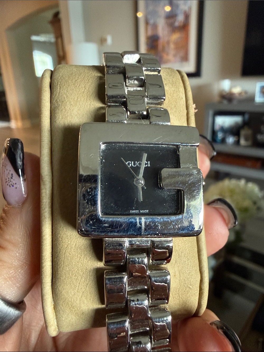 Gucci Silver Watch with Black Dial - Square G Motif